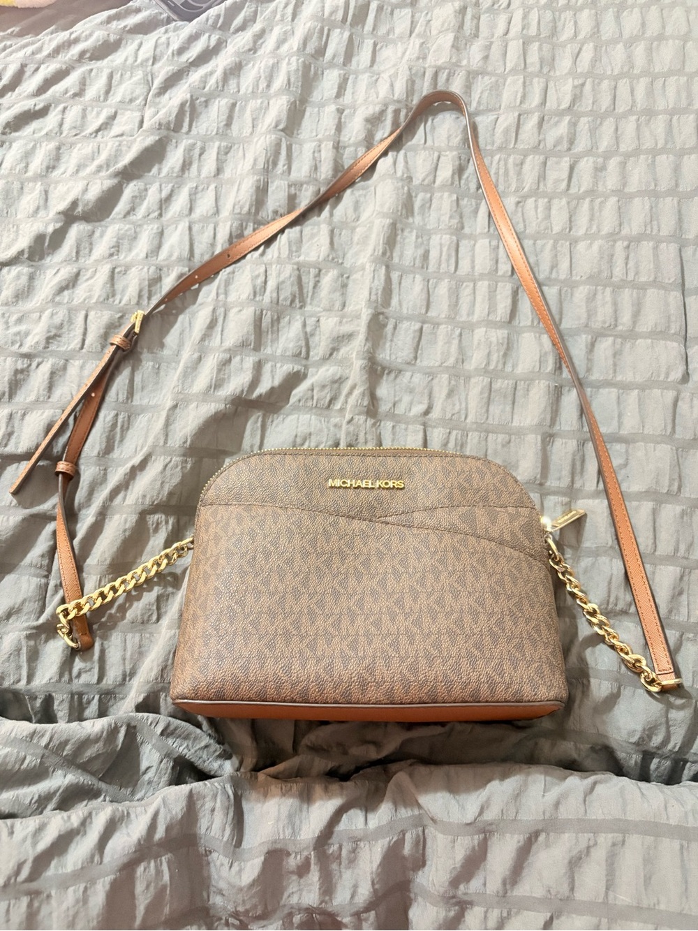Michael Kors Brown Logo-Print Crossbody with Gold Chain